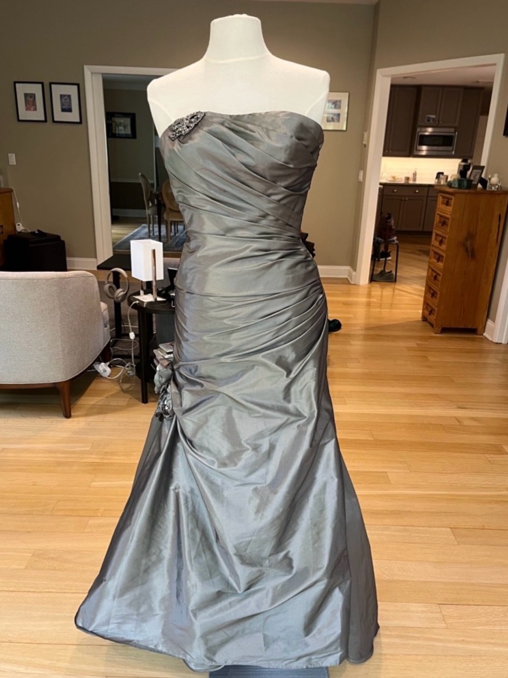 Maggie Sottero Strapless Silver-Gray Ruched Evening Gown